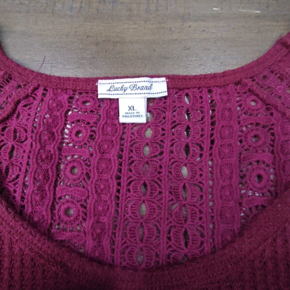 Lucky Brand Shirt Womens XL Boho Thermal Waffle Knit Lace Back Tulip Hem Red - Picture 2 of 10